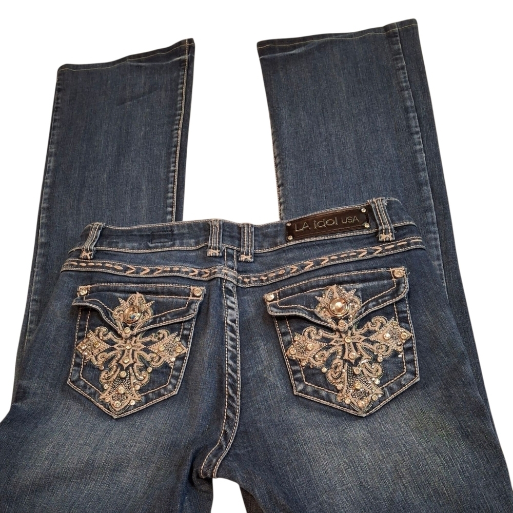 LA Idol USA Embellished Denim Stretch Blue Bootleg Jeans Size 11 (W33 L34)